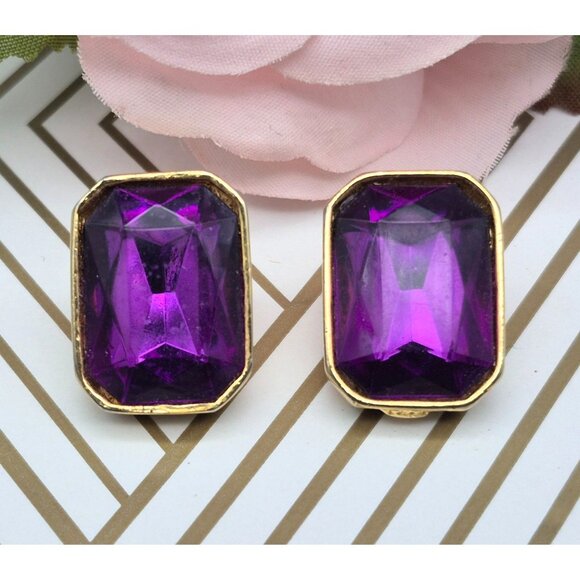 Gold Tone & Purple Crystal Rectangle Statement Stud Earrings Prom Formal Event - Picture 4 of 6